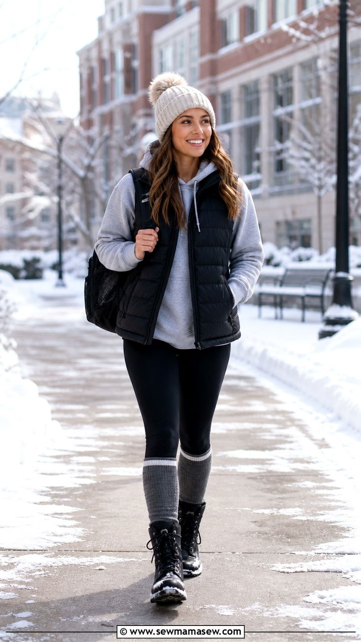 Puffer Vest Over A Hoodie With Leggings - 40 back to school outfit ideas