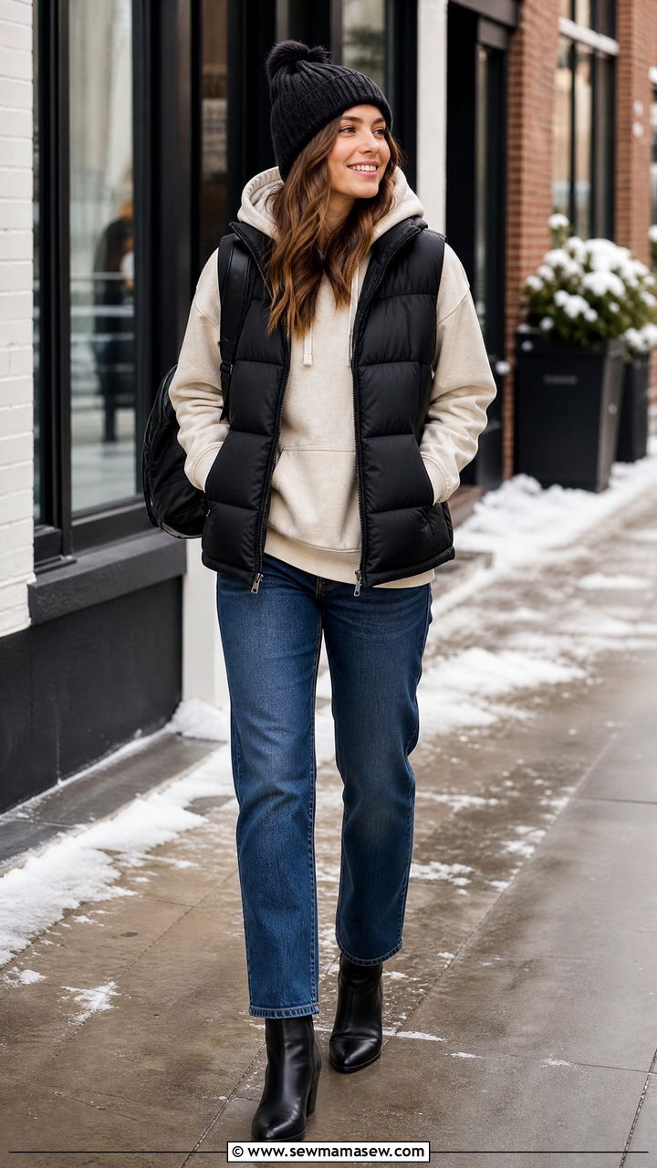 Puffer Vest Over Hoodie With Jeans And Ankle Boots Outfit - 25 Modest outfit ideas layering hacks
