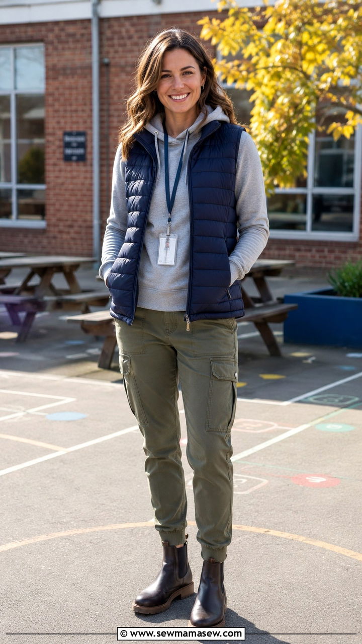 Puffer Vest Over Hoodie and Cargo Pants Outfit - 30 teacher outfits 2026