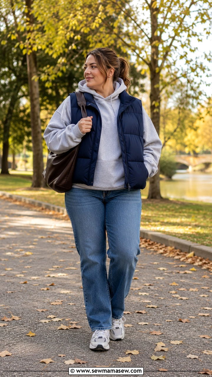 Puffer Vest Over Hoodie with Straight Leg Jeans - 30 casual outfits for midsize women