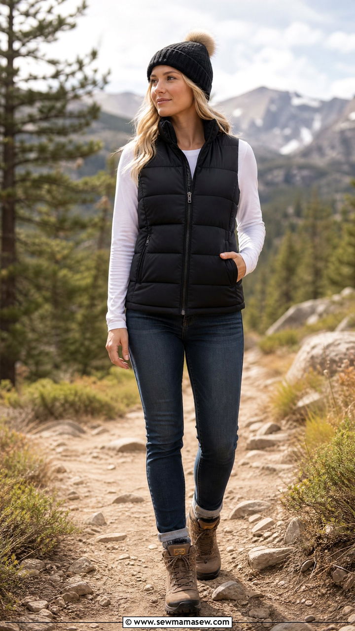 Puffer Vest Over Long Sleeve Tee With Jeans And Hiking Boots - 40 Disney trip outfit ideas