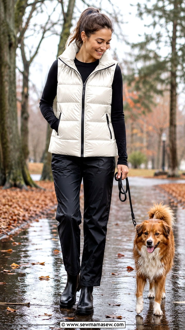 Puffer Vest Over Long Sleeve Tee With Rain Pants - 25 rainy day outfits Pinterest