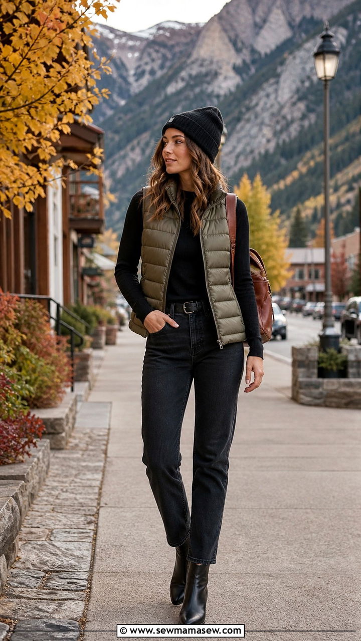 Puffer Vest Over Long Sleeve Tee and Straight Leg Jeans With Ankle Boots - 40 summer to fall outfits