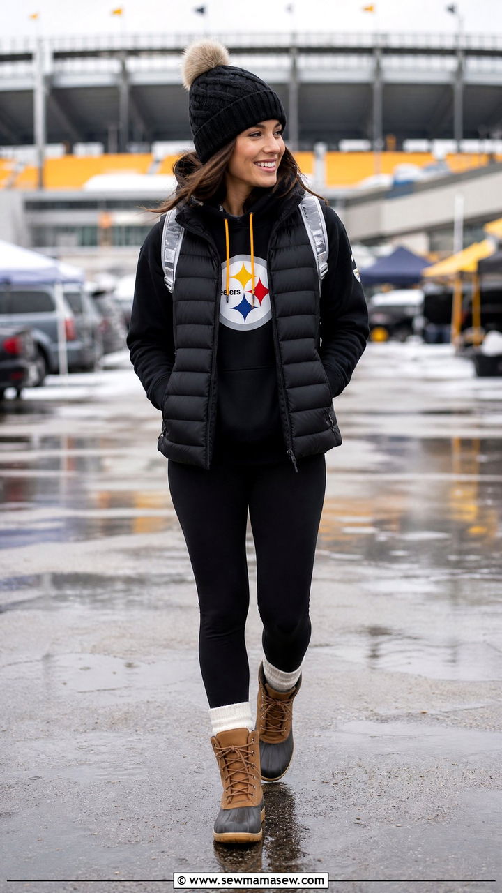 Puffer Vest Over Team Hoodie With Leggings And Duck Boots - 35 Gameday outfit ideas 2026