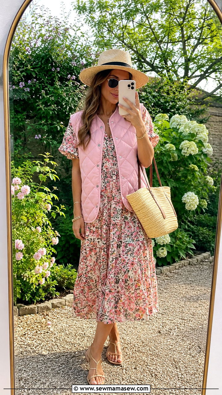 Puffer Vest Over a Flowy Midi Dress - 20 Summer outfits with puffer jacket
