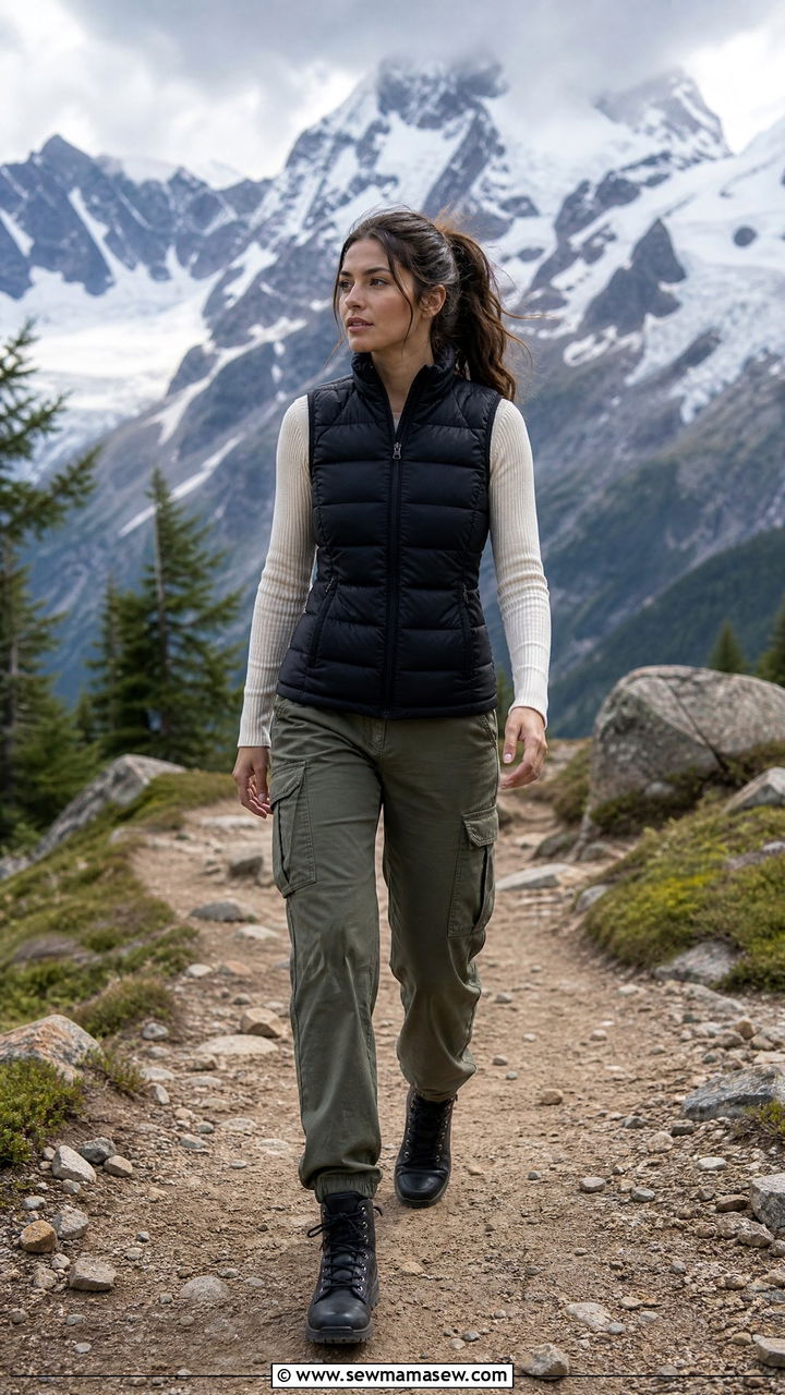 Puffer Vest Over a Thermal Top and Cargo Pants - 30 Cool morning warm afternoon outfits
