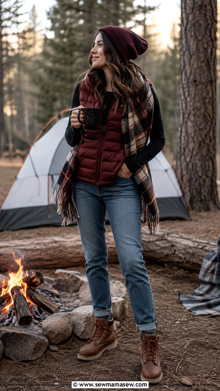 Puffer Vest Thermal Long Sleeve Jeans Spring Camping - 30 Spring camping trip outfits