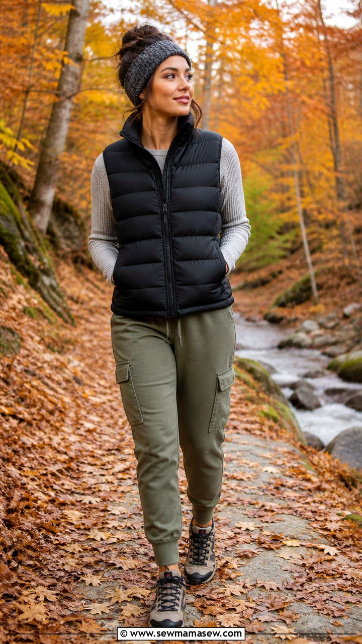 Puffer Vest With A Long Sleeve Thermal And Cargo Joggers - 40 vacation outfits
