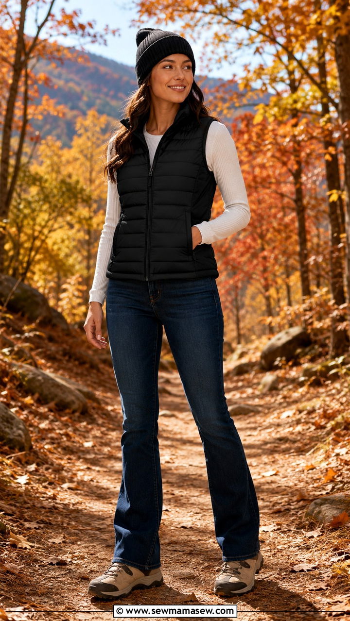 Puffer Vest With Bootcut Jeans And Hiking Sneakers - 30 Sporty chic outfit ideas with jeans