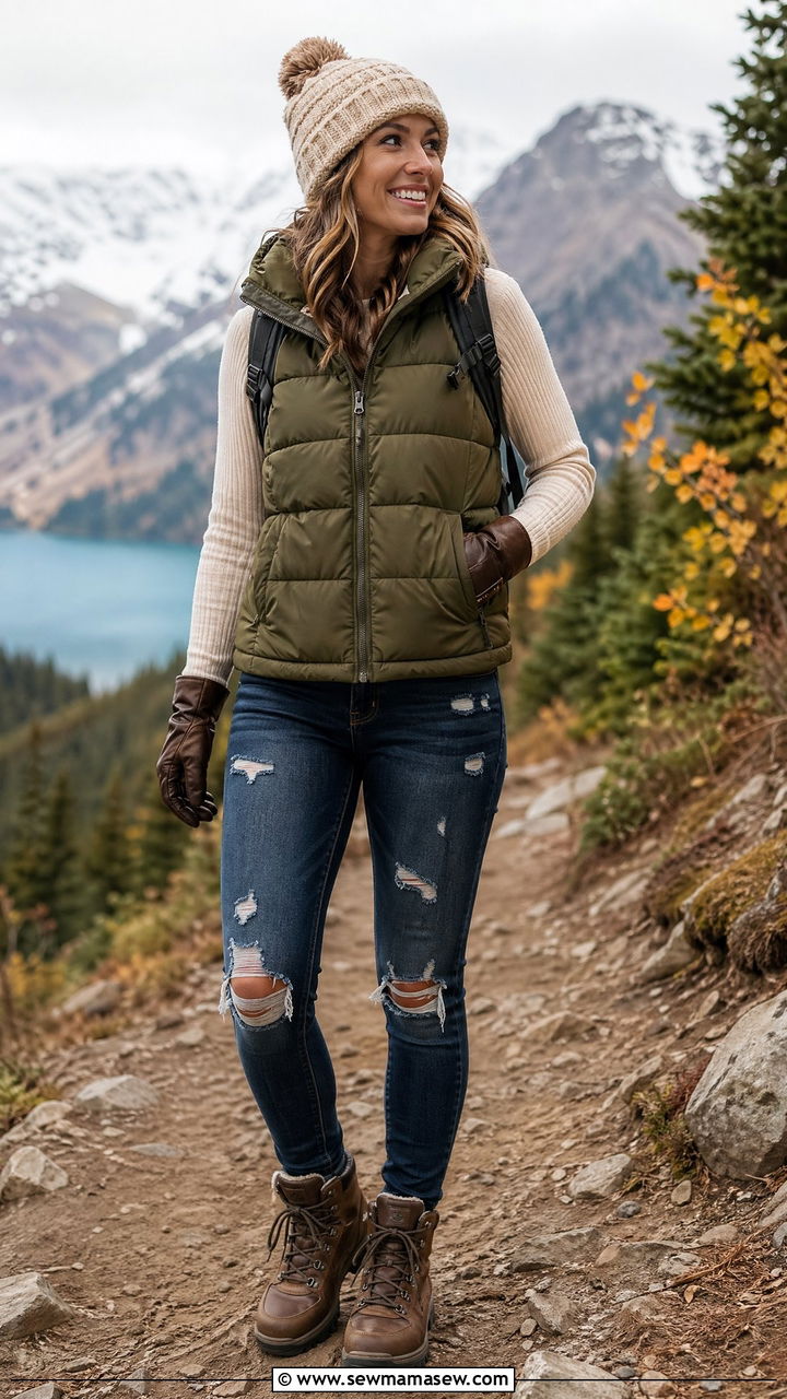 Puffer Vest With Distressed Jeans - 35 Distressed jeans outfit ideas