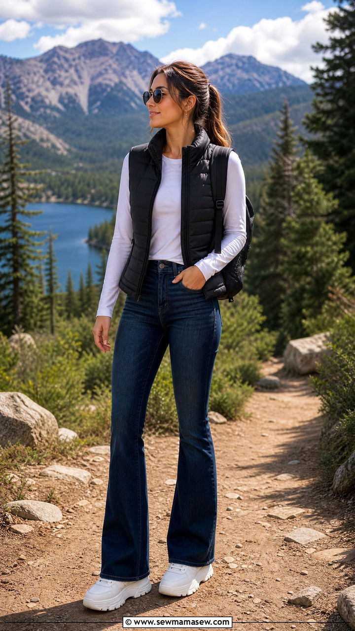 Puffer Vest With Flare Jeans And White Sneakers - 25 Flare jeans outfit ideas with white sneakers