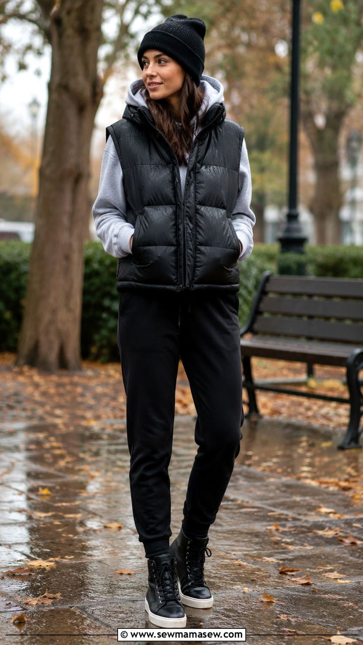 Puffer Vest With Hoodie and Joggers - 25 rainy day outfits trends