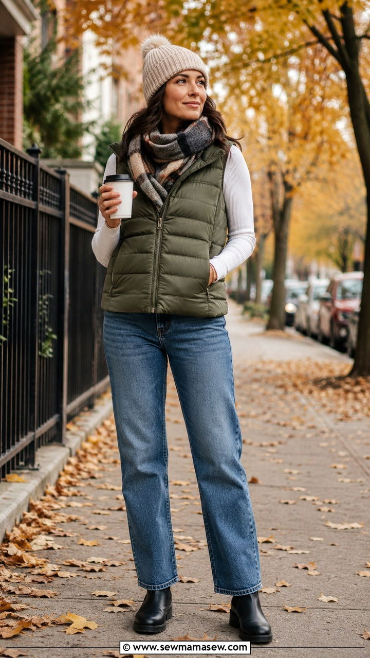 Puffer Vest With Long Sleeve Tee And Jeans - 30 stay at home mom outfit ideas