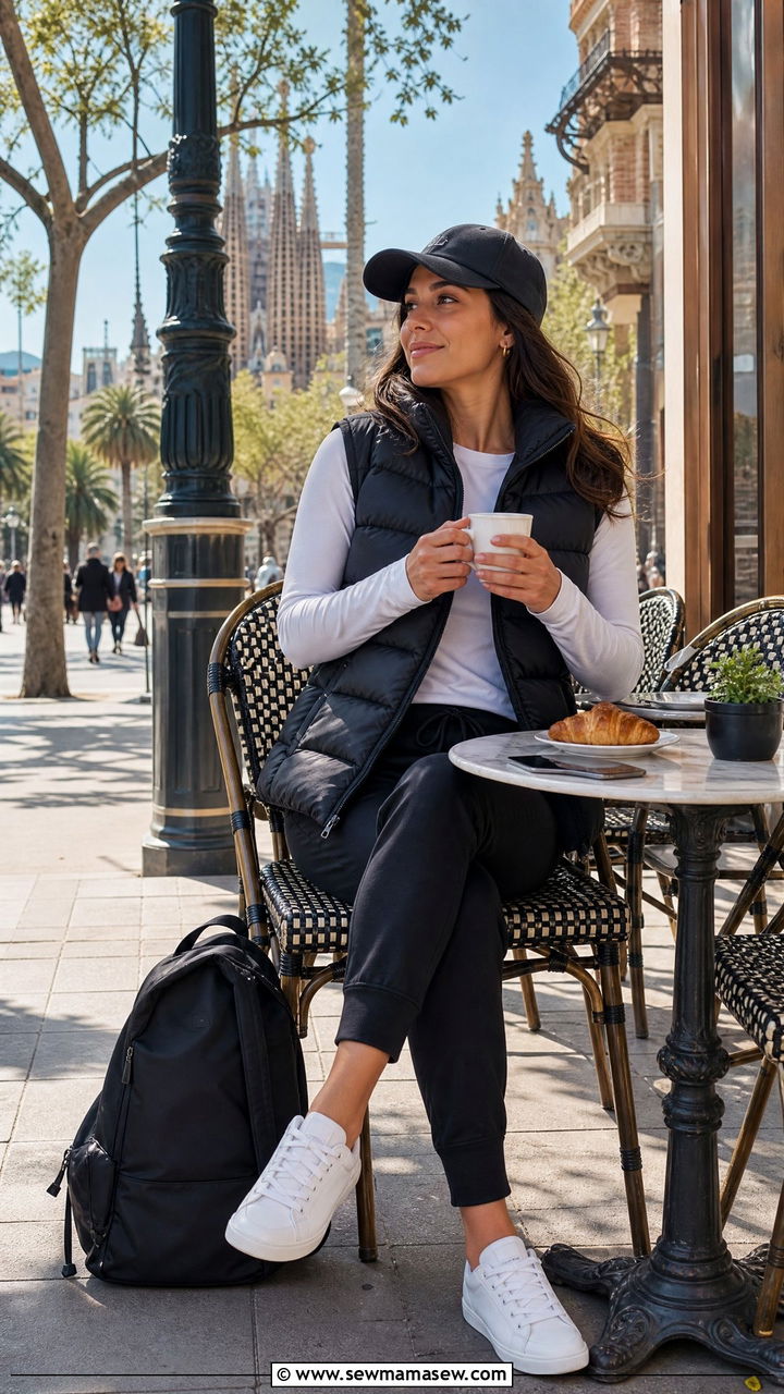 Puffer Vest With Long Sleeve Tee And Joggers - 40 What to wear in Barcelona
