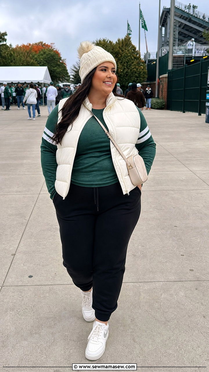 Puffer Vest With Long Sleeve Tee And Joggers - 30 Football game outfit ideas plus size