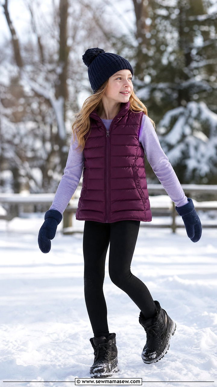 Puffer Vest With Long Sleeve Tee And Leggings Outfit - 30 Cute outfits for tweens
