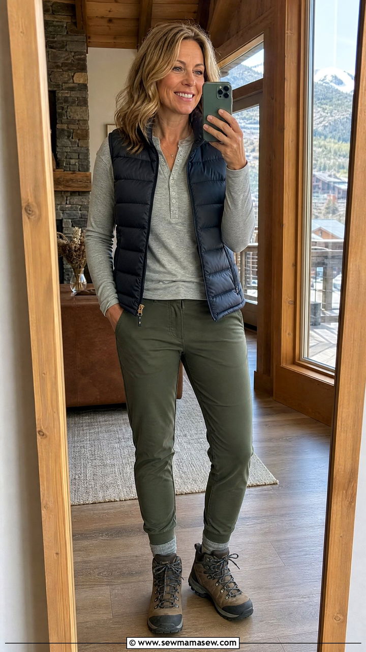 Puffer Vest With Long Sleeve Thermal Top and Joggers - 30 Hiking outfit ideas for women over 40