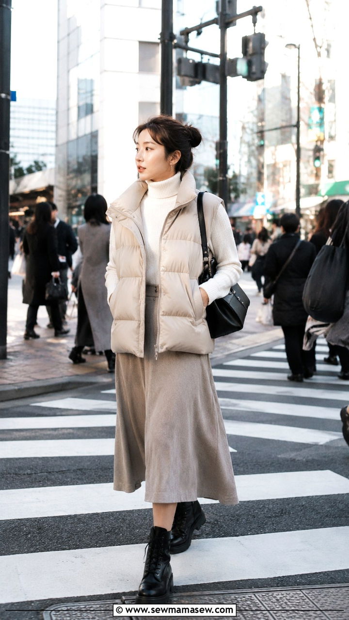 Puffer Vest With Midi Skirt And Combat Boots - 30 Tokyo vacation outfit ideas