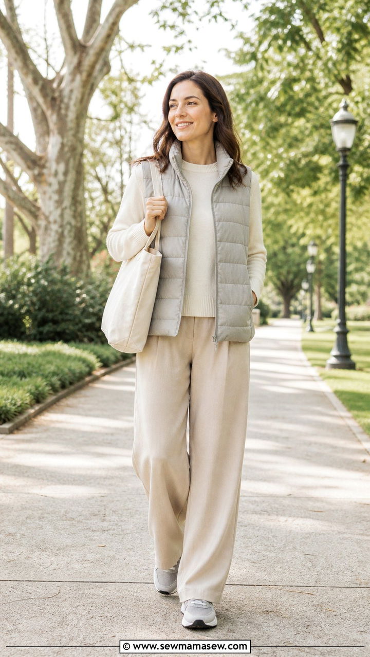 Puffer Vest With Sweater And Relaxed Beige Pants - 40 spring outfits for moms