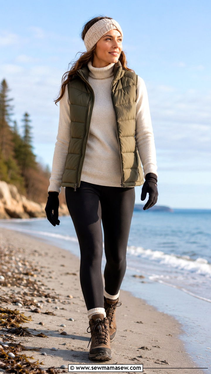Puffer Vest With Turtleneck And Leggings - 25 Beach walk outfit ideas