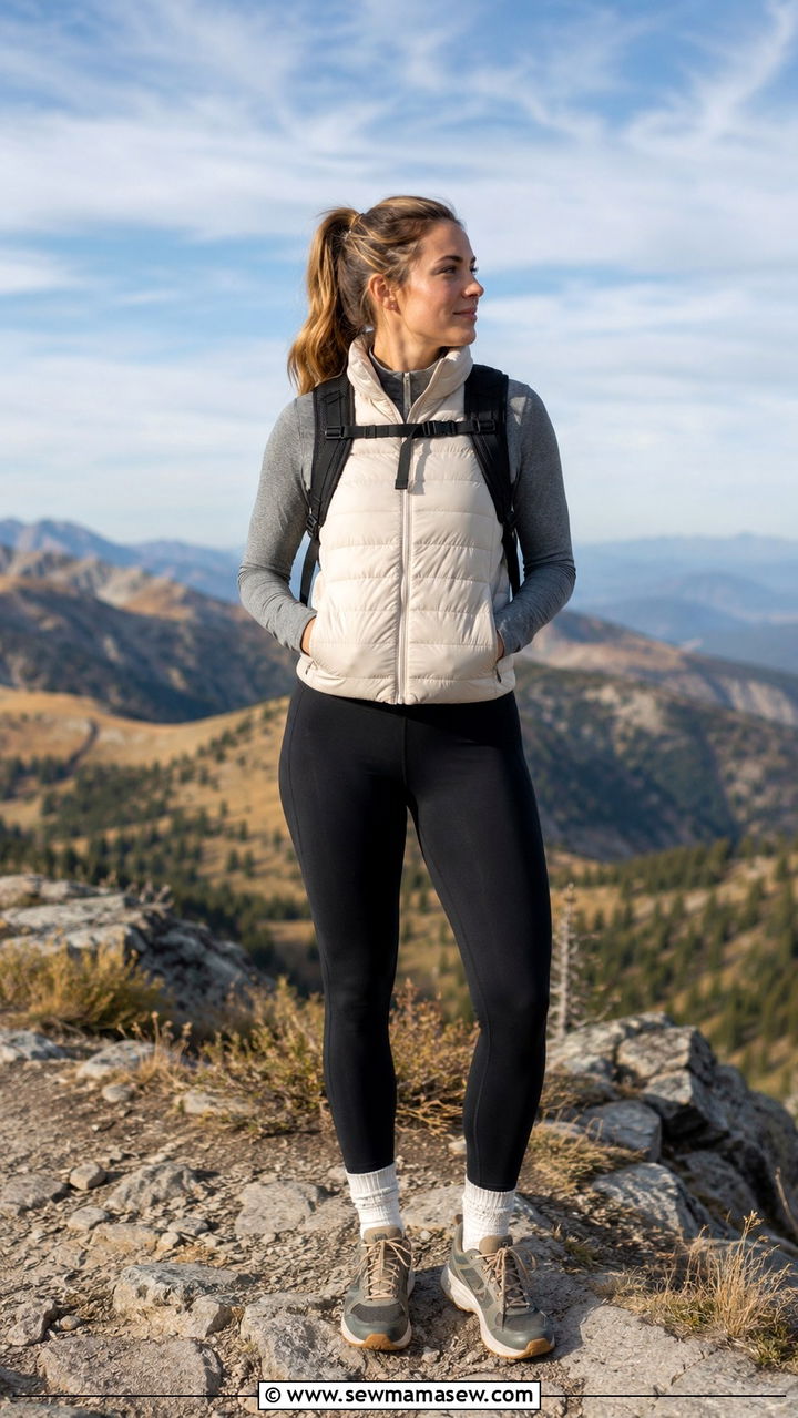 Puffer Vest and Base Layer with Leggings - 30 hiking outfit ideas for women