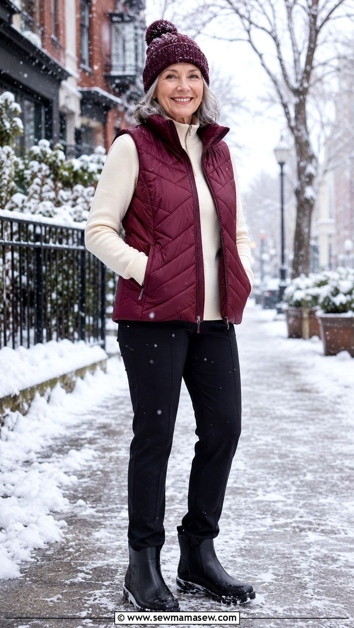 Puffer Vest and Black Pants Cold Climate Outfit - 30 Travel outfit ideas for women over 60