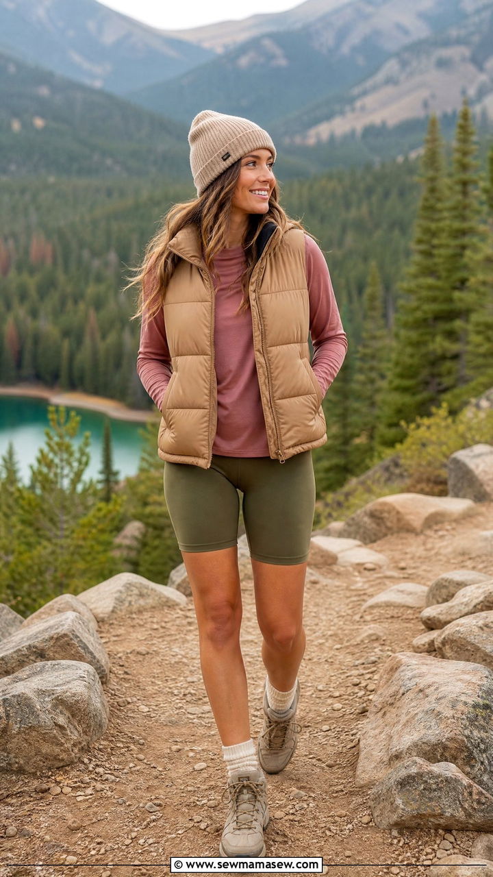 Puffer Vest and Earth Tone Biker Shorts - 35 Biker shorts outfit ideas