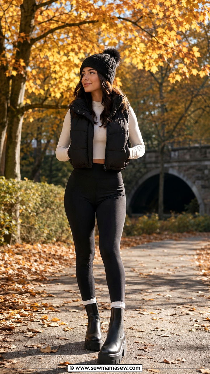 Puffer Vest and Fleece Lined Leggings - 25 Athleisure outfit ideas petite