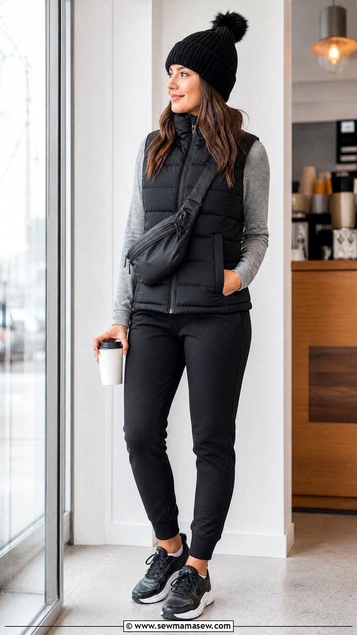 Puffer Vest and Jogger Pants Errands Outfit - 30 errands outfits ideas