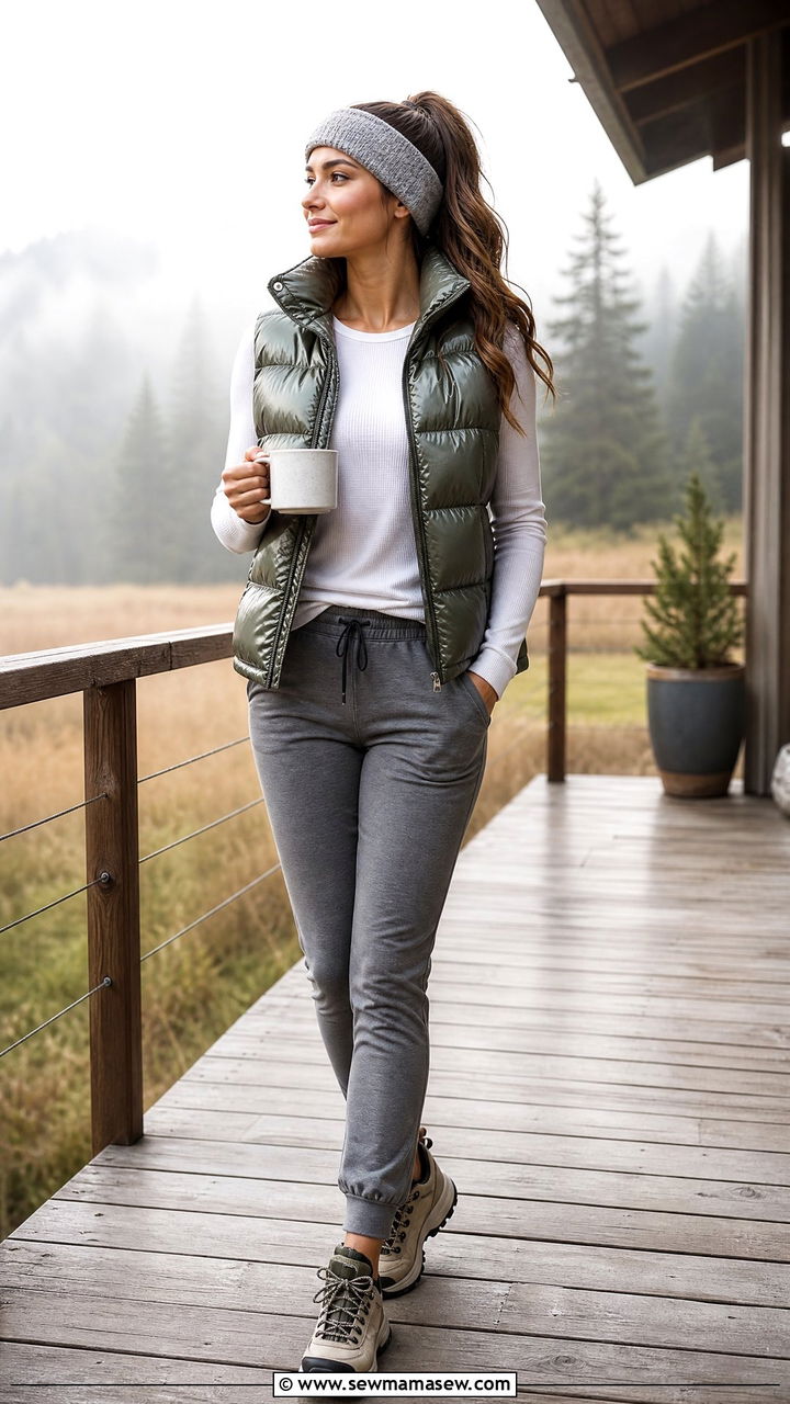 Puffer Vest and Joggers Glamping Outfit - 25 Glamping outfit ideas