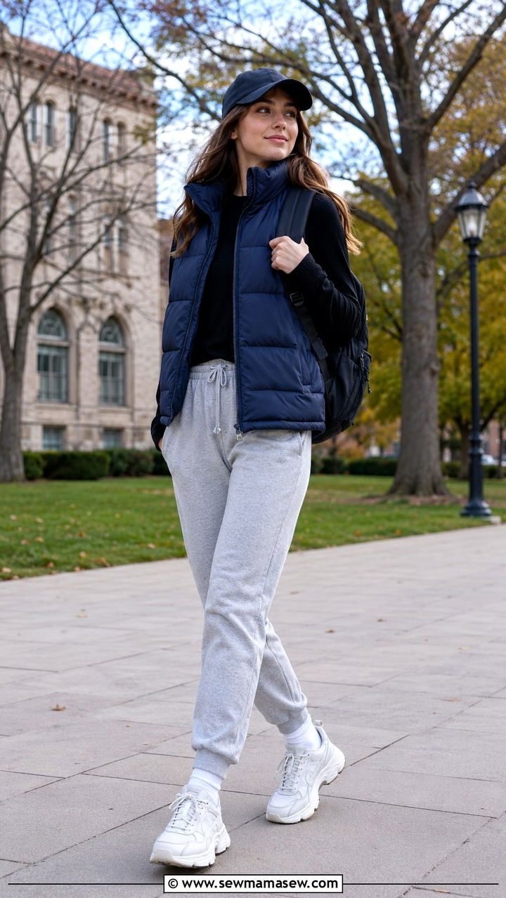 Puffer Vest and Joggers - 30 Outfit ideas for college girls