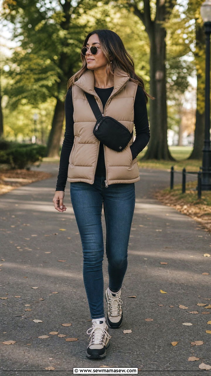 Puffer Vest and Long Sleeve Tee Layered Outfit - 40 Disneyland outfit ideas