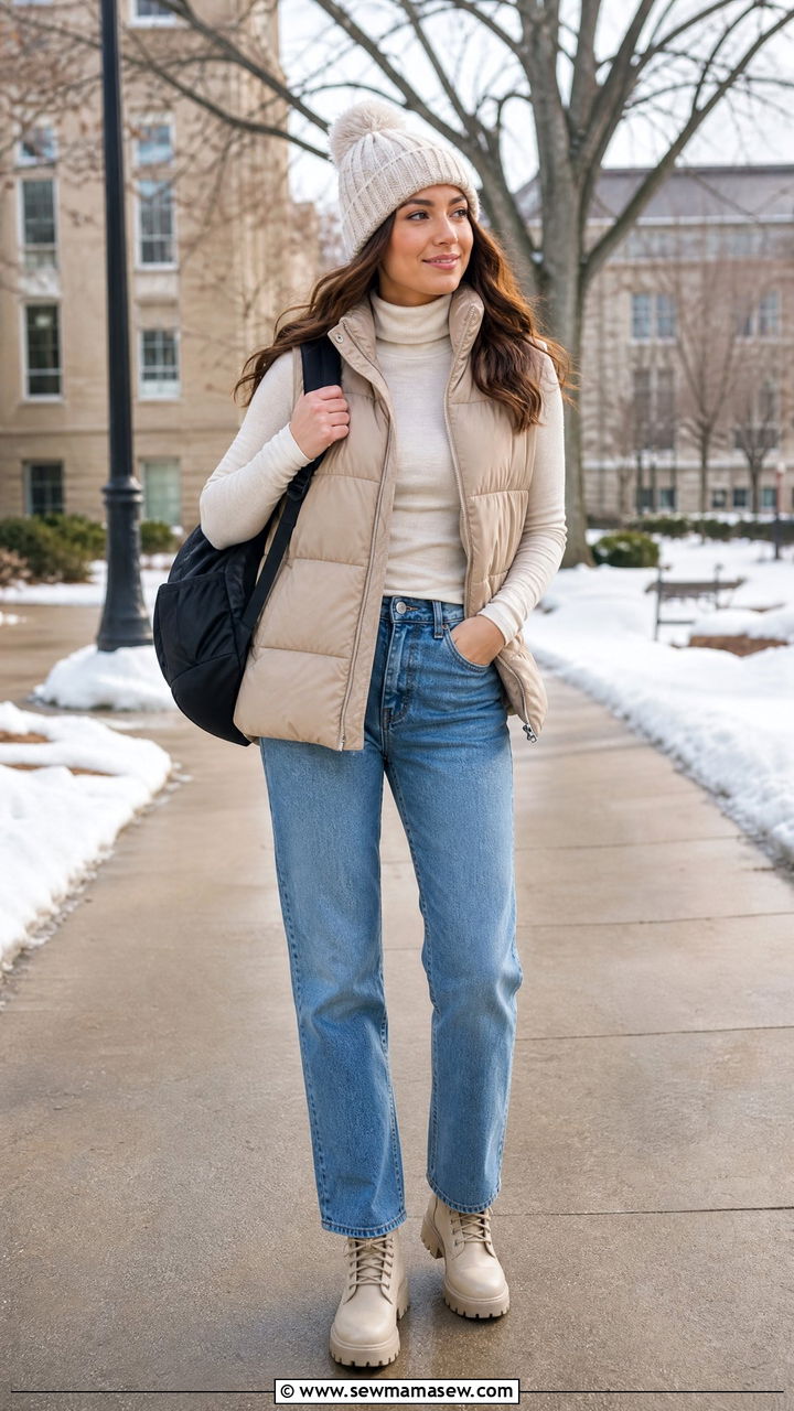 Puffer Vest and Long Sleeve Tee Outfit - 25 Fashion for college freshman