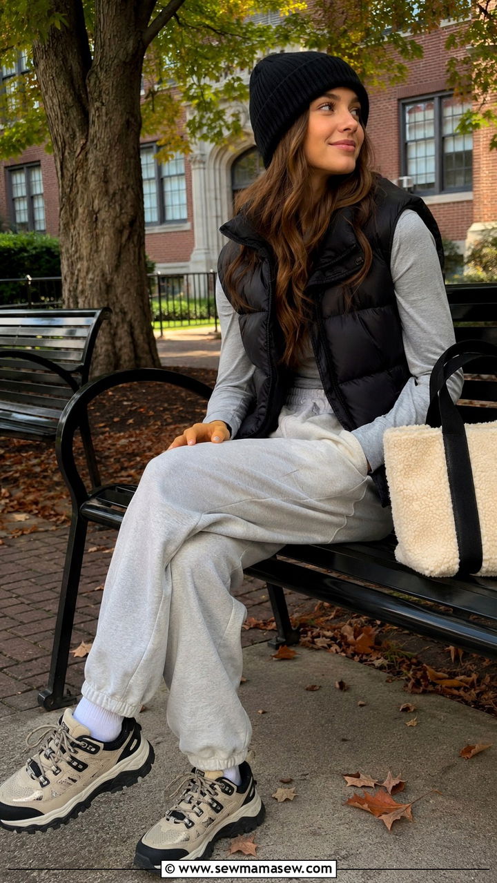 Puffer Vest and Long Sleeve Tee With Joggers - 30 casual back to school outfits