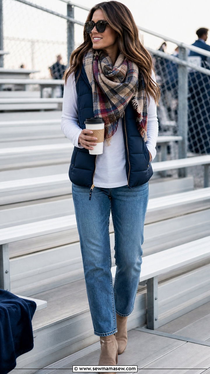 Puffer Vest and Long Sleeve Tee with Jeans Outfit - 25 Football game outfit ideas mom