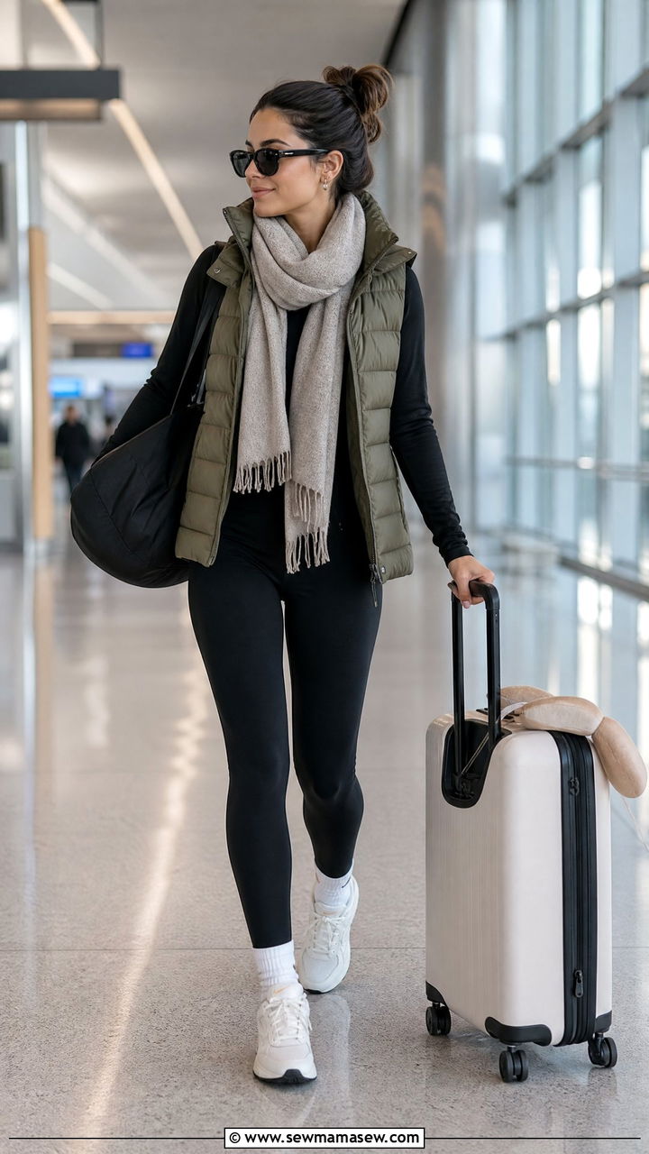 Puffer Vest and Long Sleeve Tee with Leggings - 30 Cute airport outfits