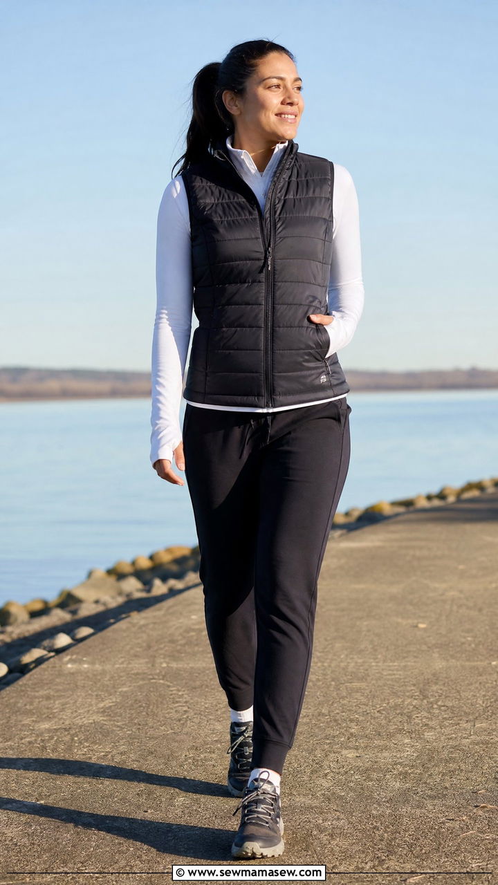Puffer Vest and LongSleeve Top With Joggers - 25 Cardio walk outfit ideas
