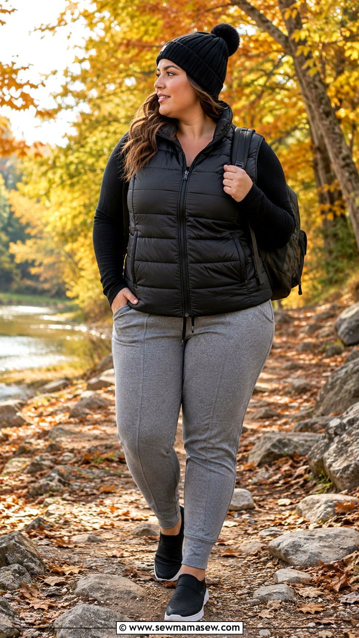 Puffer Vest and Tapered Joggers Travel Outfit Curvy - 25 Travel outfit ideas curvy women