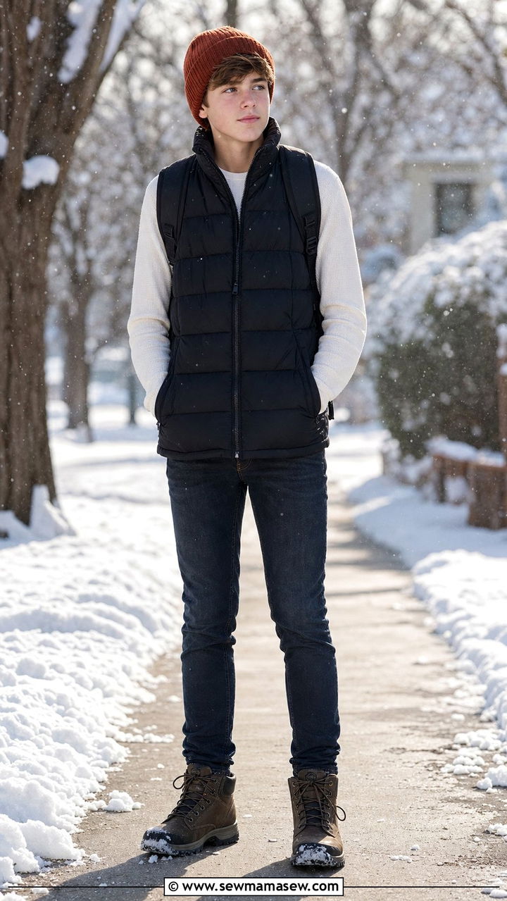 Puffer Vest and Thermal Long Sleeve Outfit - 35 Back to school outfit ideas 11th grade