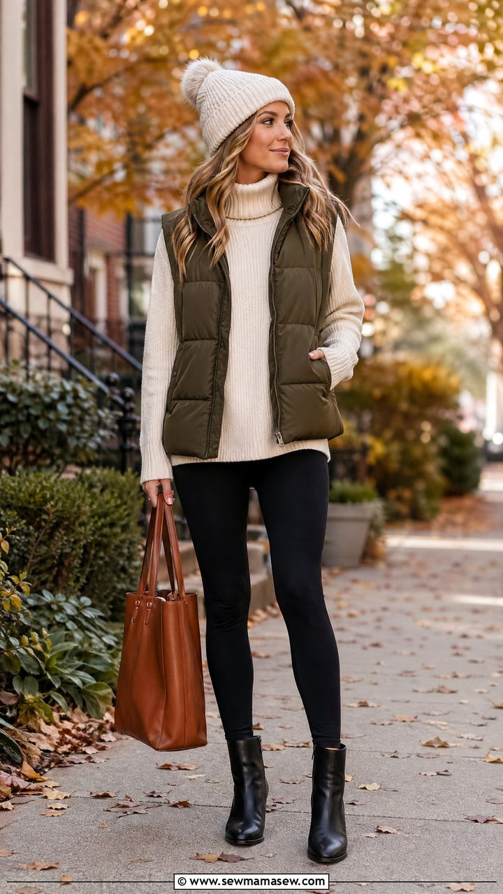 Puffer Vest and Turtleneck Sweater with Leggings - 35 errand outfit ideas for women