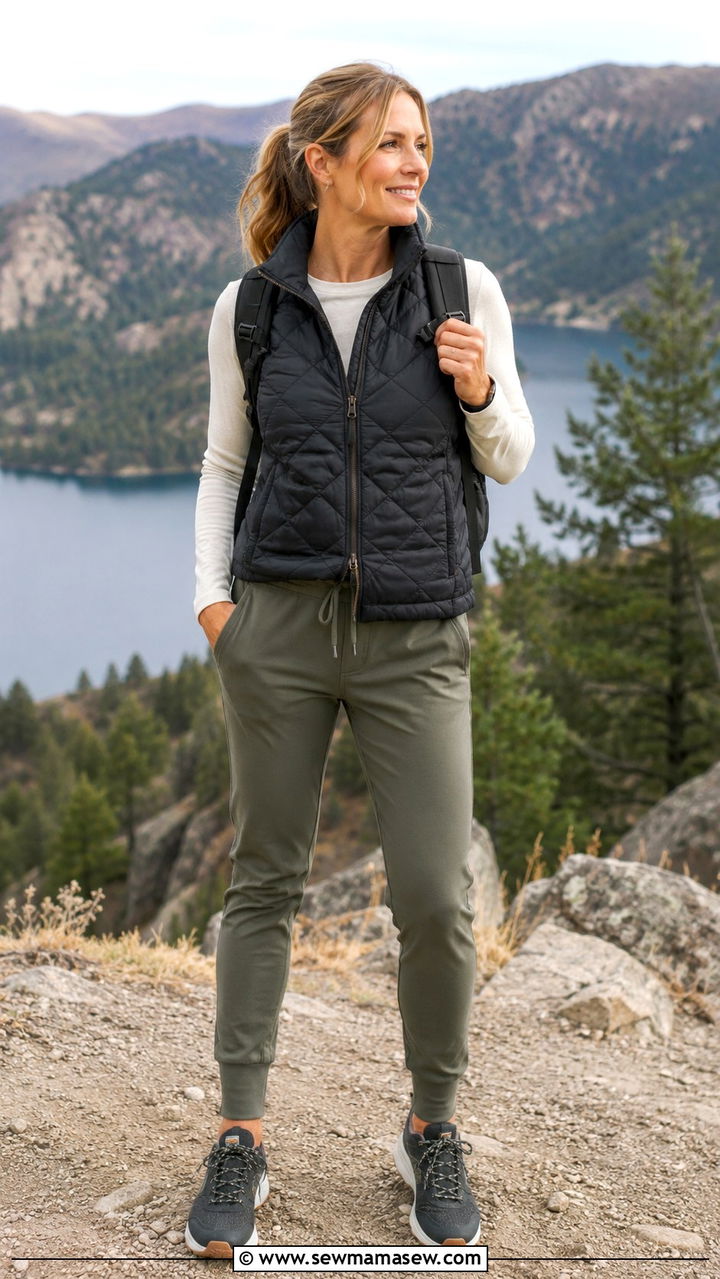 Puffer Vest over a Long Sleeve Tee with Joggers and Trail Sneakers - 30 Outfit ideas for women over 40 sporty chic