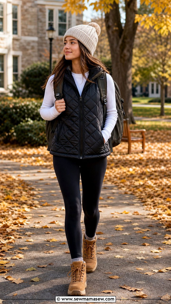 Puffer Vest over a Long Sleeve Tee with Leggings and Hiking Boots Outfit - 35 Back to school outfit ideas 10th grade