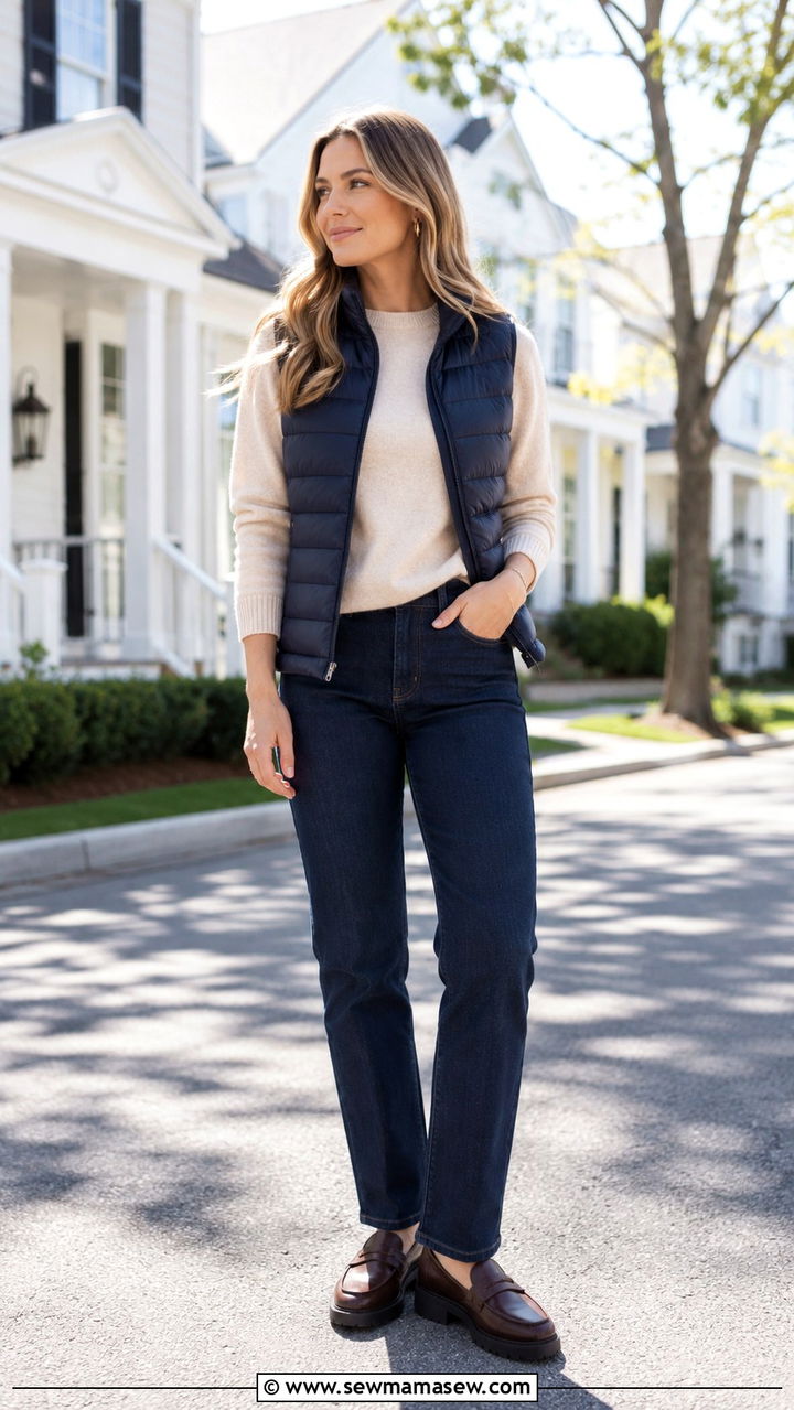 Puffer Vest with Cashmere Sweater and Straight Leg Jeans - 20 Spring outfits for 45 degree weather
