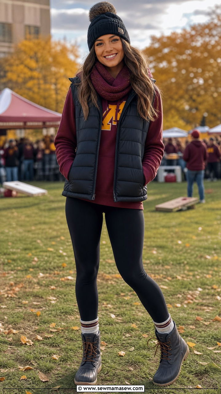 Puffer Vest with Hoodie and Leggings - 30 Game day outfit ideas for college