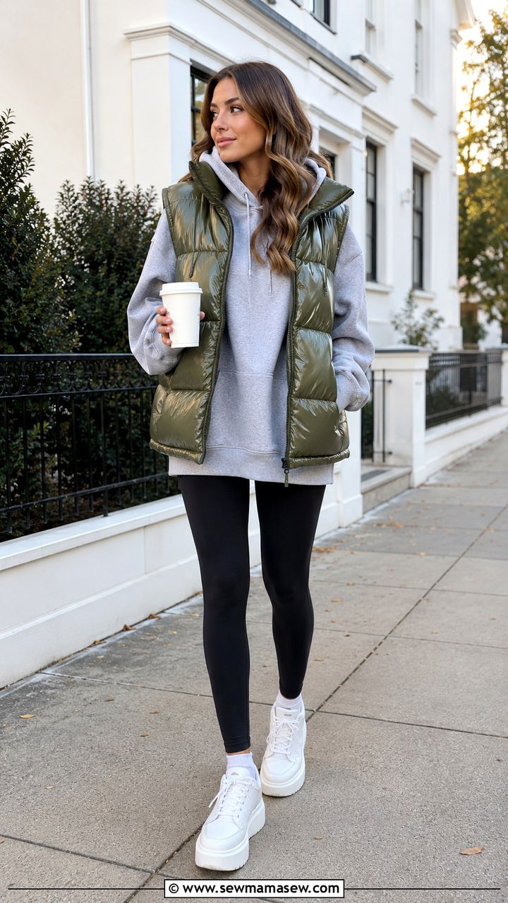 Puffer Vest with Hoodie and Leggings - 25 athleisure capsule wardrobe outfits