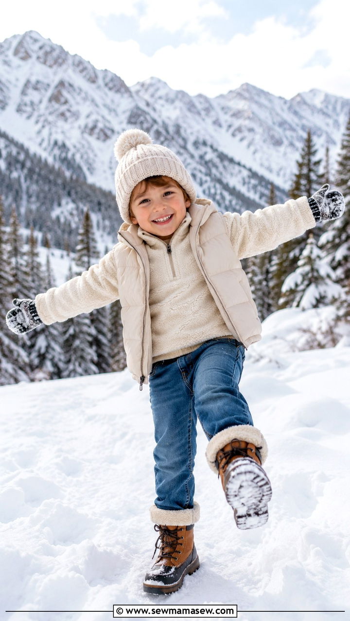 Puffer Vest with Knit Beanie and Snow Boots Outfit - 30 Kids family photo outfits