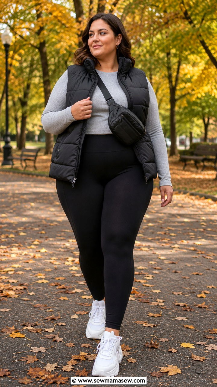 Puffer Vest with Leggings and Sneakers - 30 Plus size outfit ideas with leggings