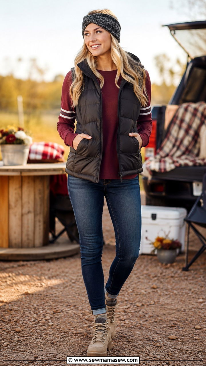 Puffer Vest with Long Sleeve Tee Outfit - 30 NFL game outfit ideas