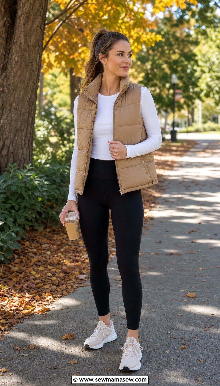 Puffer Vest with Long Sleeve Tee and Black Leggings - 35 athleisure outfits for women