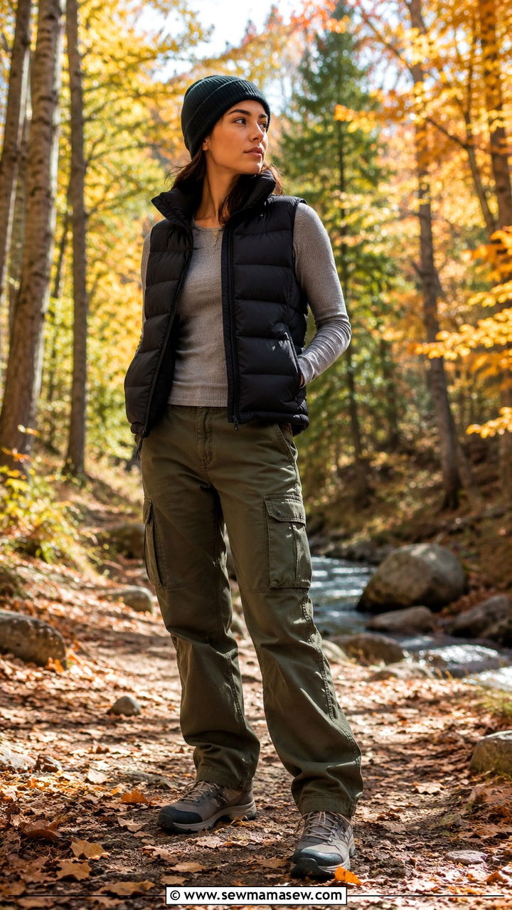 Puffer Vest with Long Sleeve Tee and Cargo Pants - 30 Tomboy outfit ideas